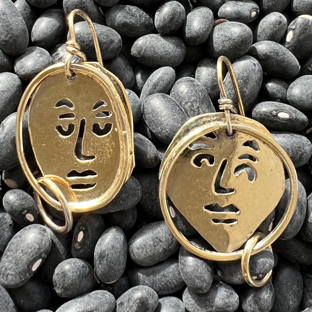 Vintage Gold Vermeil Asymmetrical Modernist Taxco Mexican Face Hoop Earrings